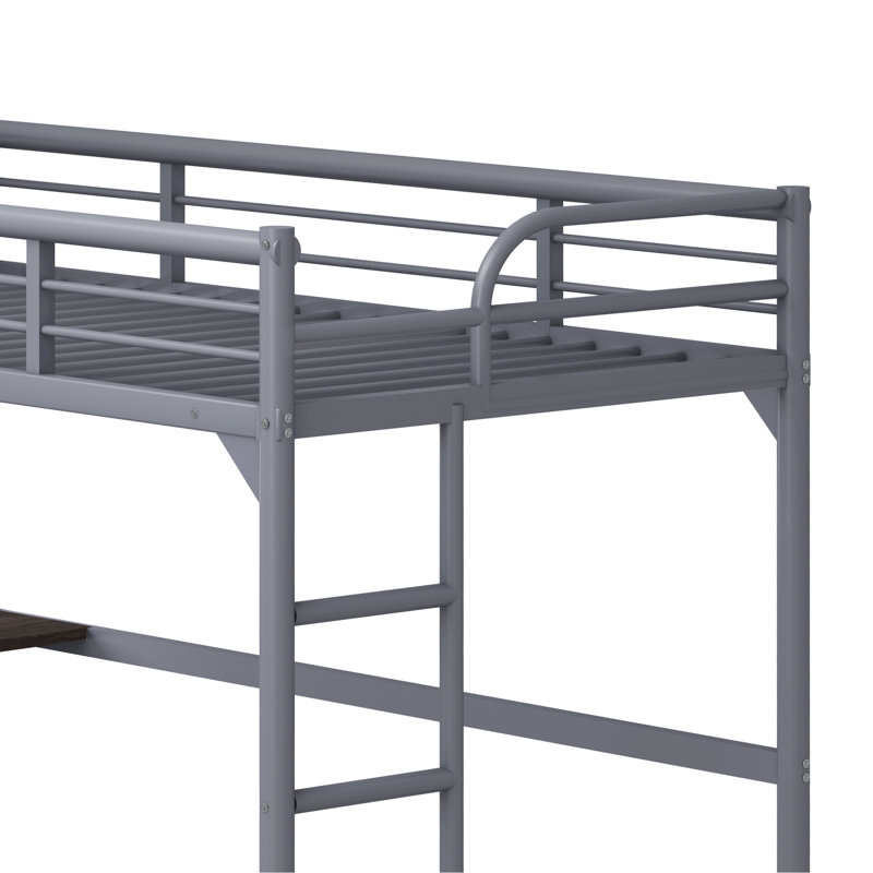Lit mezzanine en métal avec bureau, échelle et garde-corps, Argent