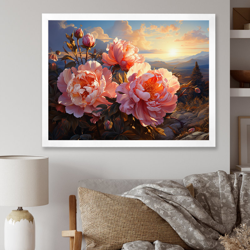 Pivoines magiques au coucher du soleil I, H 34 po x l 44 po x P 1,5 po, Cadre photo blanc