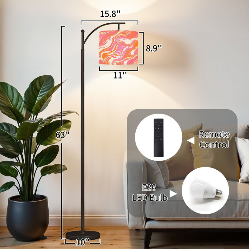 Lampe sur pied à arc avec abat-jour réglable Abstrait tourbillon rose orange, tons blancs Lampe sur pied 3 températures de couleur à intensité variable avec poteau pour interrupteur de chambre à coucher