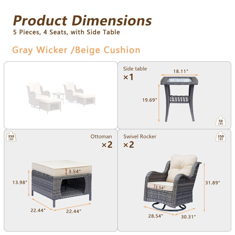 Seina 2 - Person Patio Conversation Set with Cushions, Gray, Beige