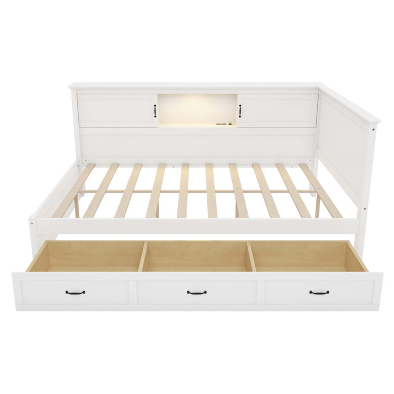 L-Shaped Wooden Bed Frame with Drawer, Bookcase, and Ample Storage, Perfect for Modern and Functional Bedrooms.