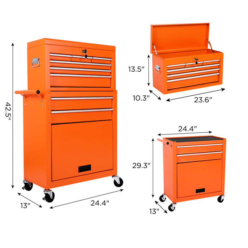 Coffre à outils à 8 tiroirs pour le garage, coffre supérieur amovible 2 en 1, chariot tout en métal avec roues verrouillables et crochets latéraux, profondeur de 24,61 po, armoire de rangement mobile