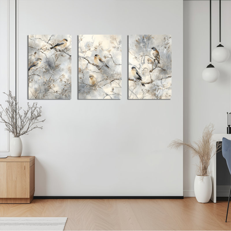 «Birds On Branches Winter Scene», ensemble de 3 reproductions d'art sur toile tendues sur toile, H 30 po x l 60 po