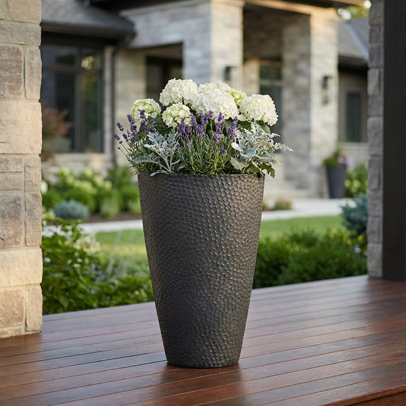 Cara Composite Hammer Texture Pot Planter, Gray