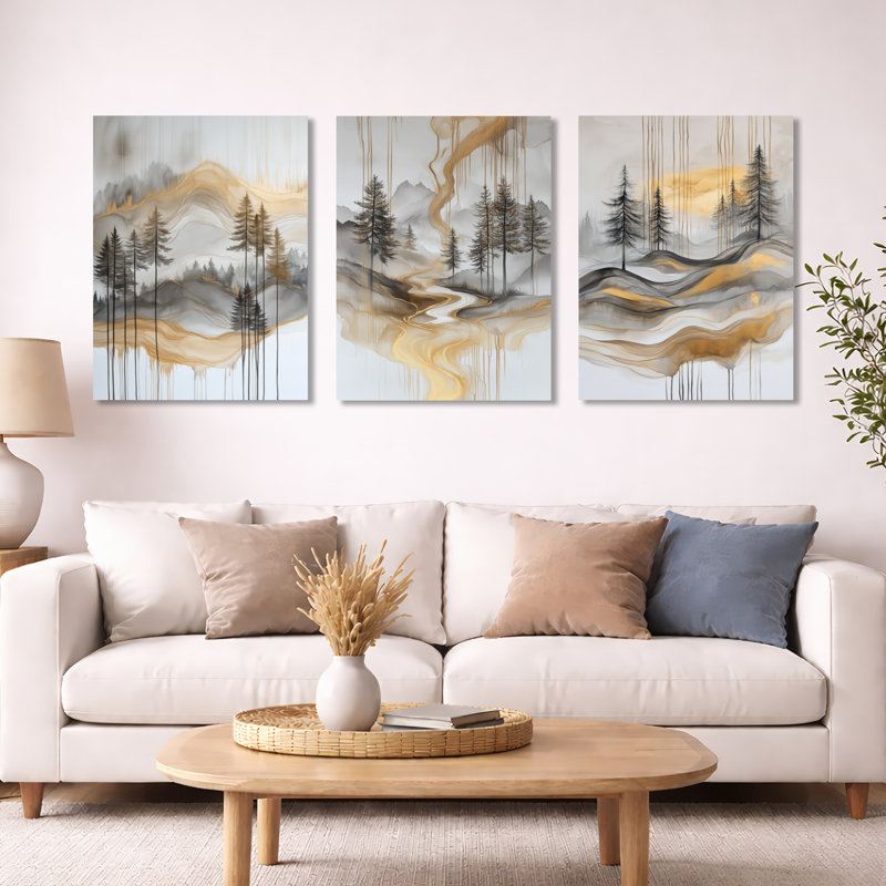 «Gold Forest and Peaks Solitude Horizon - Forest», reproduction sur toile 3 pièces, Toile tendue, H 32 po x l 72 po