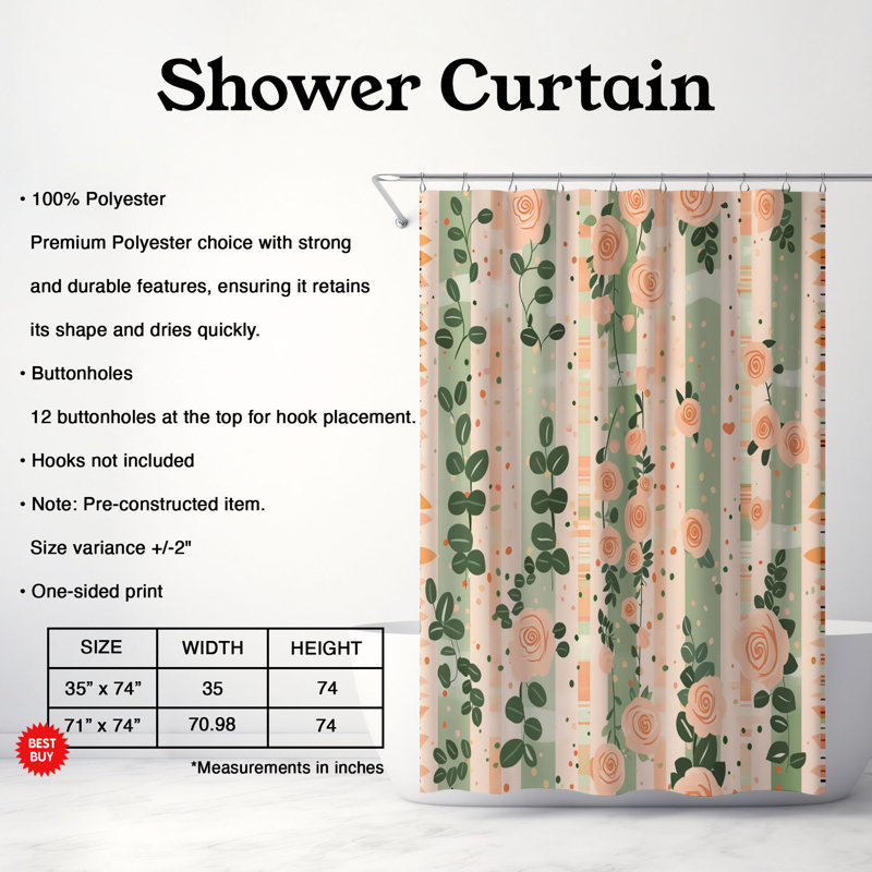 Rideau de douche 1 pièce Light Blossom Stripes, H 74 po x l 71 po, Green