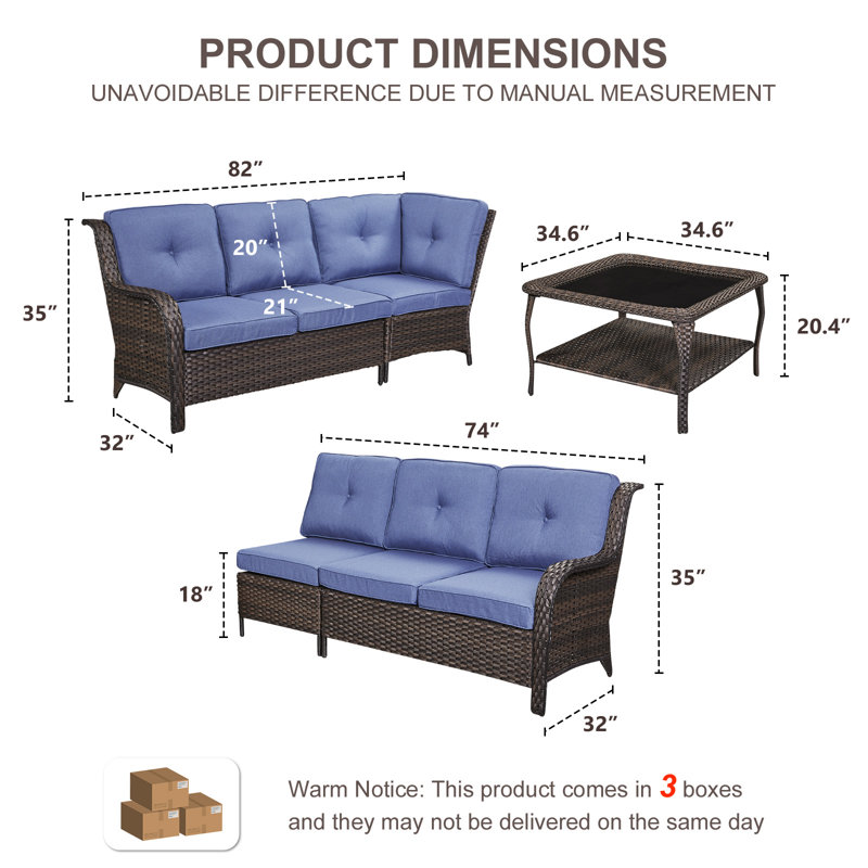 Ensemble de canapé d'angle en résine tressée 2 pièces pour terrasse avec table basse, Bleu