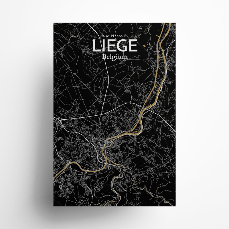 «Liege City Map», impression, H 36 po x l 24 po, Noir / or