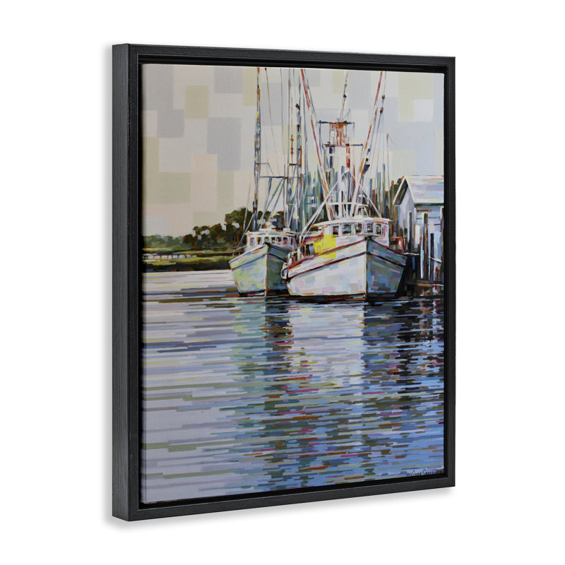 «Shrimp Boat Reflections», peinture par Floater, Cadre flottant noir de jais, H 21 po x l 17 po