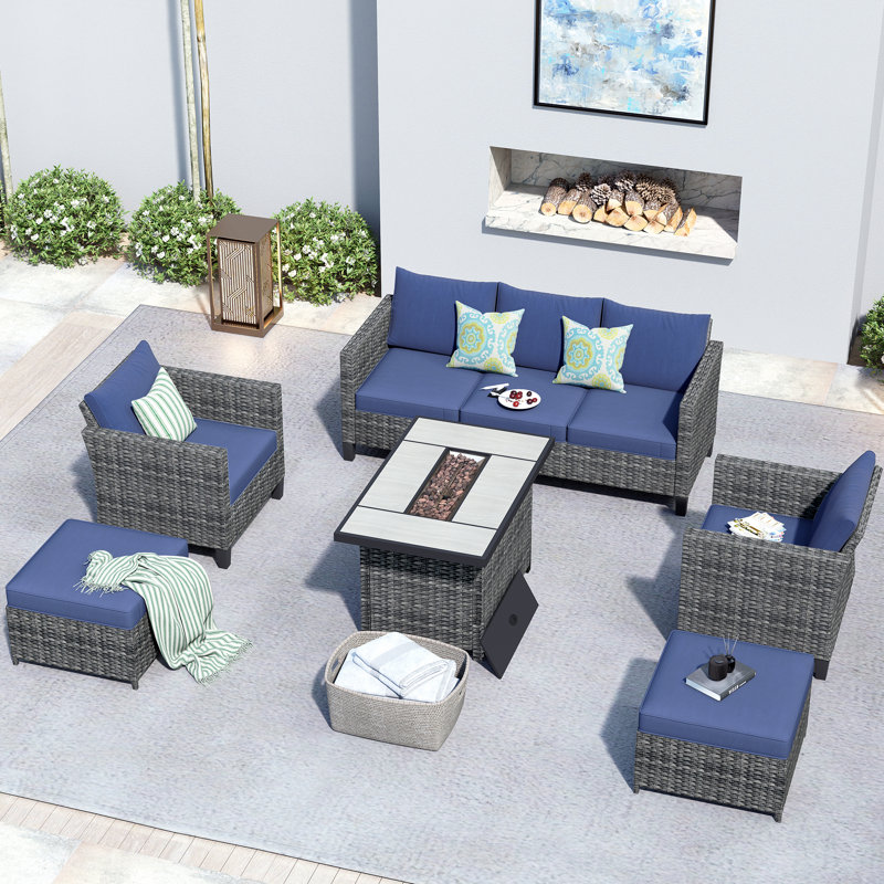 Ensemble de conversation en rotin avec coussins Jyron, No, Denim, Gris