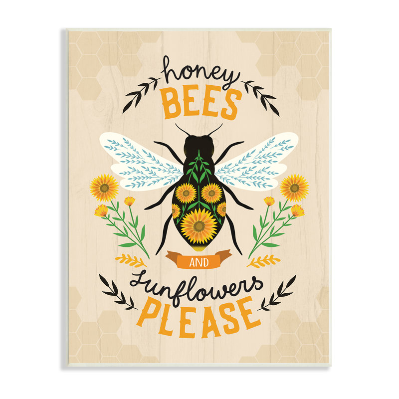 Miel, abeilles, tournesols, jardin printanier, phrase - art textuel, H 19 po x l 13 po x P 1 po, Plaque murale