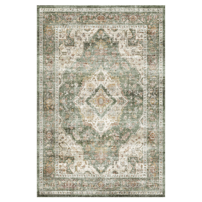 Vintage Soft Sage Green Machine Washable Oriental Area Rug For Living Room, Bedroom, Rectangle 6' x 9', Sage Green