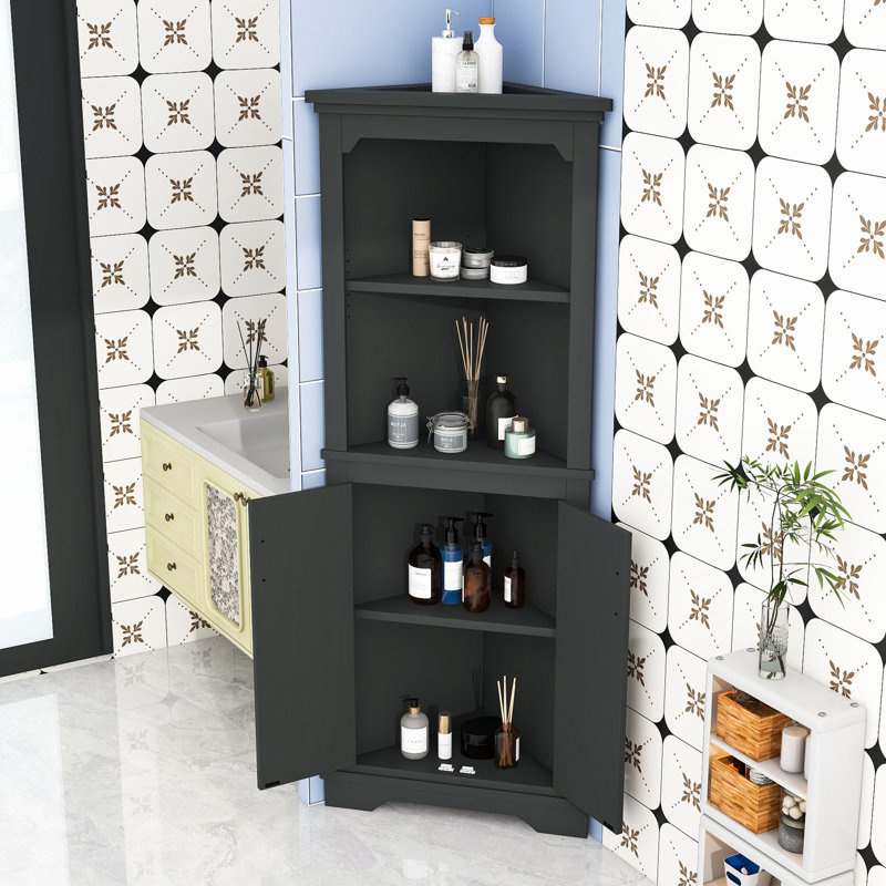 Armoire de rangement de coin de salle de bain autoportante avec tablette ouverte et rangement fermé, Noir