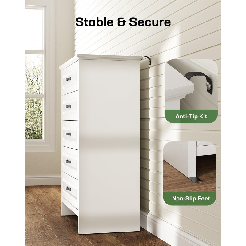 Farmhouse 5 Drawer Dresser with Wide Storage Drawers and Anti-Tip Kit for Bedroom, Living Room, and Hallway, White