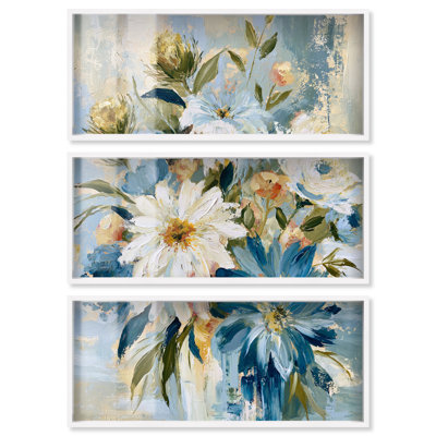 "Daisy Bouquet II", art mural bleu par Art Remedy, ensemble de 3