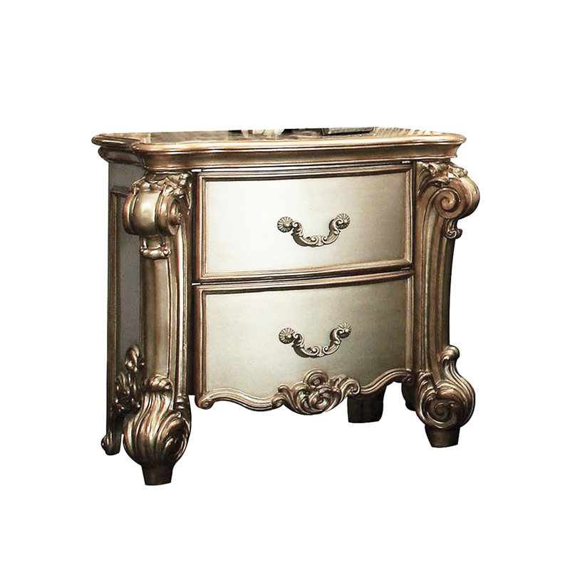 Sophisticated Style 2 Drawers Nightstand With Poplar Wood And English Back Traditional Drawer In Gold Patina Felt Lining Scrolled Base