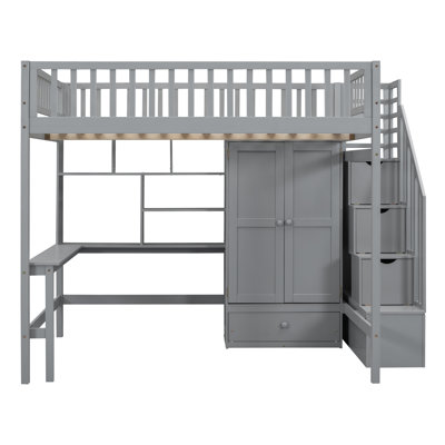 Full Size Loft Bed With Bookshelf,Drawers,Desk,And Wardrobe-Gray