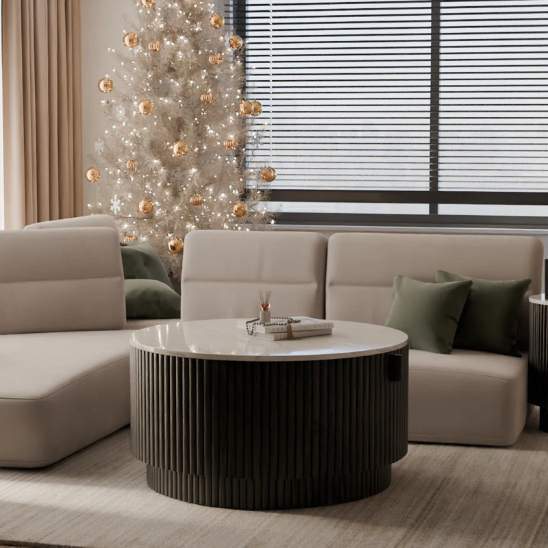 Bensinger Modern Round White Marble Coffee Table – Solid Wood Drum Base, Black & White, Small Coffee Table with Storage