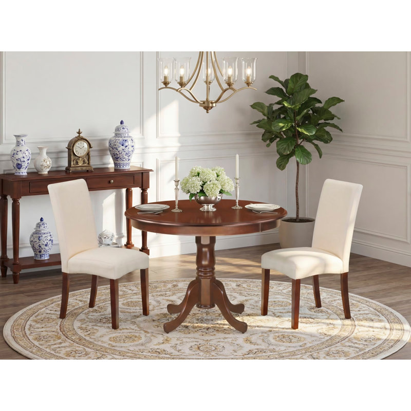 3 Piece Modern Dining Table Set Contains a Round Wooden Table with Pedestal and 2 Cream Linen Fabric Parson Dining Chairs, Mahogany