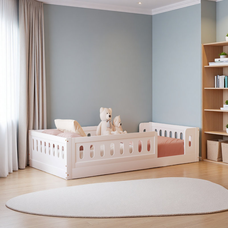 Lit plateforme en bois avec garde-corps, Blanc