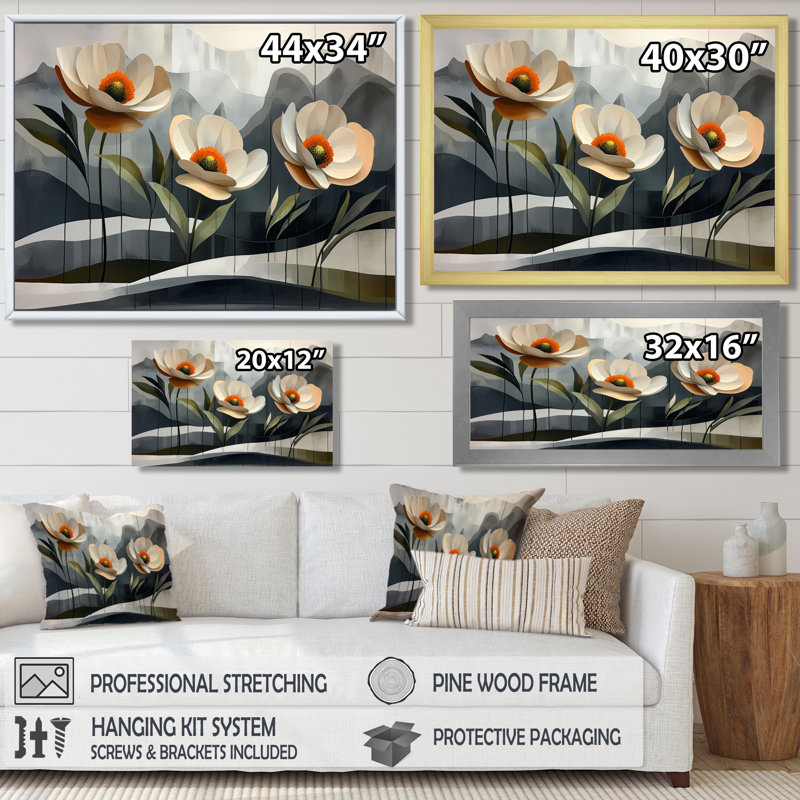 Fleur géométrique de Renoncule I - Art mural Renoncule, H 34 po x l 44 po, Cadre flottant brun