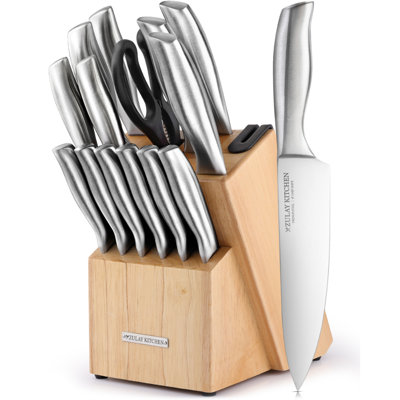 Zulay Kitchen Premium 15-Piece Knife Set with Natural Wood Block and Built-in Sharpener