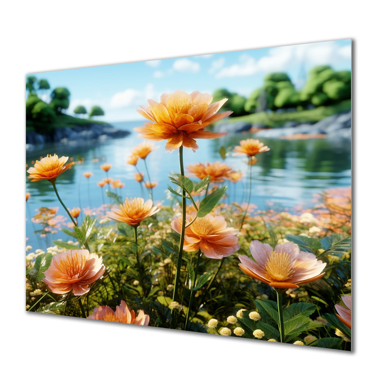 «Vibrant Orange Flower By Summer River», reproduction d'art murale, Métal métal, H 12 po x l 20 po x P 1 po