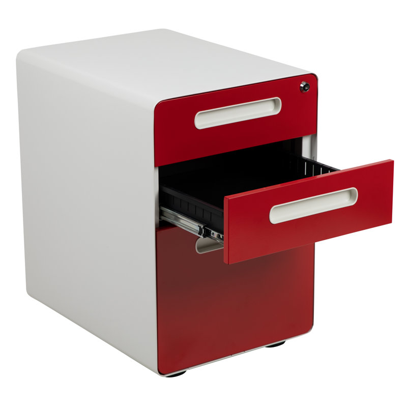 Concho Ergonomic 3-Drawer Mobile Locking Filing Cabinet Storage Organizer, White/Red