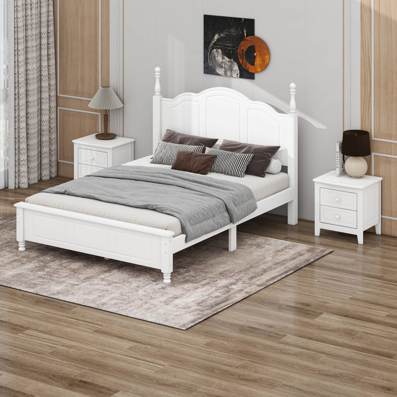 Ensemble de chambre à coucher 3 pièces - Lit plateforme double en bois et 2 tables de chevet