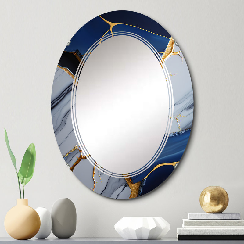 Rahshan - Géode abstraite bleue I - Miroir mural abstrait en marbre, 30 po x 20 po