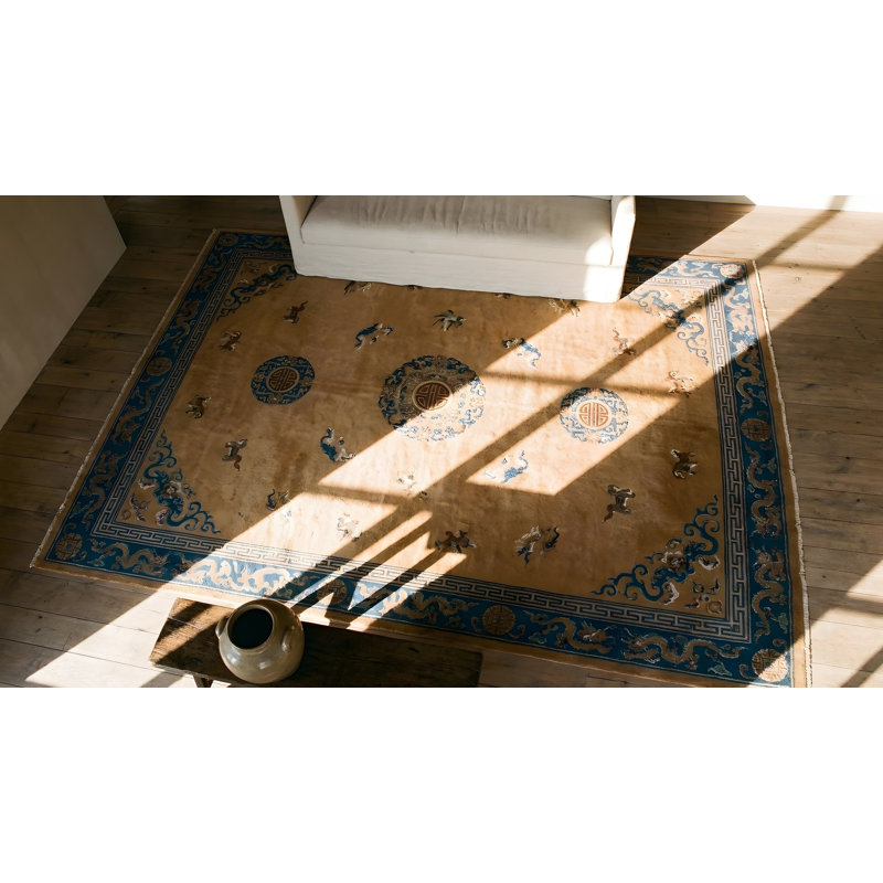 Big Antique Light Ivory Color Chinese Dragon Medallion Knotted Pile Rug