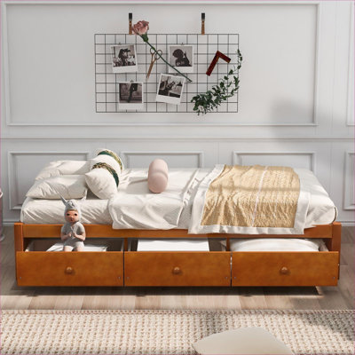 Low Profile Solid Wood Twin Size Platform Storage Bed With Three Built-In Drawers For Compact Bedrooms