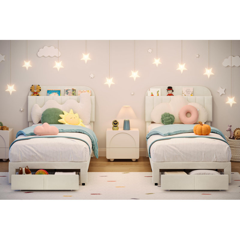 Ensemble de 2 lits simples pour enfants avec tiroir de rangement, structure en fer et tête de lit tapissier en flanelle de 134 livres, 80 x 41 x 63 po