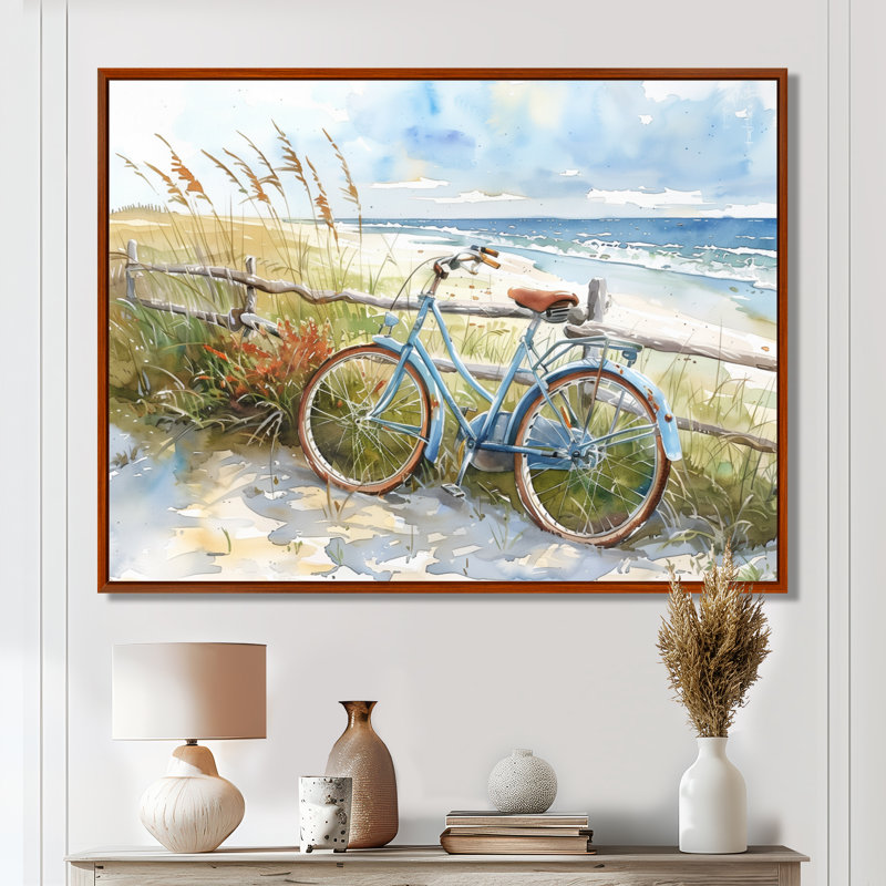 Vélo bleu sur le sentier de la plage II - art mural côtier, Toile avec cadre flottant brun, H 12 po x l 20 po x P 1 po