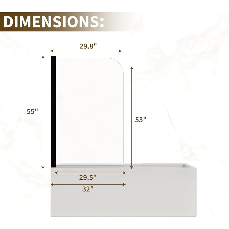 Porte de douche sans cadre l 32 po x H 55 po, panneau de verre trempé 1/4 po, cabine de baignoire moderne au fini noir mat
