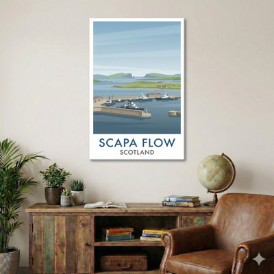 Scapa Flow, Scotland - Romantic Coastal Travel Poster Of Historic Harbour And Isles. Giclee Print On Wrapped Canvas. Wall Art, Home Decor - Natural Landmarks, Scotland - Wrapped Canvas Print