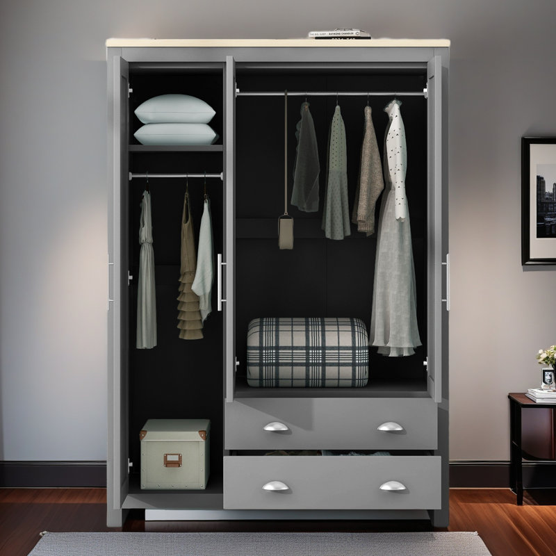 Armoire de rangement 3 portes avec 2 tiroirs et 2 tringles de suspension, gris