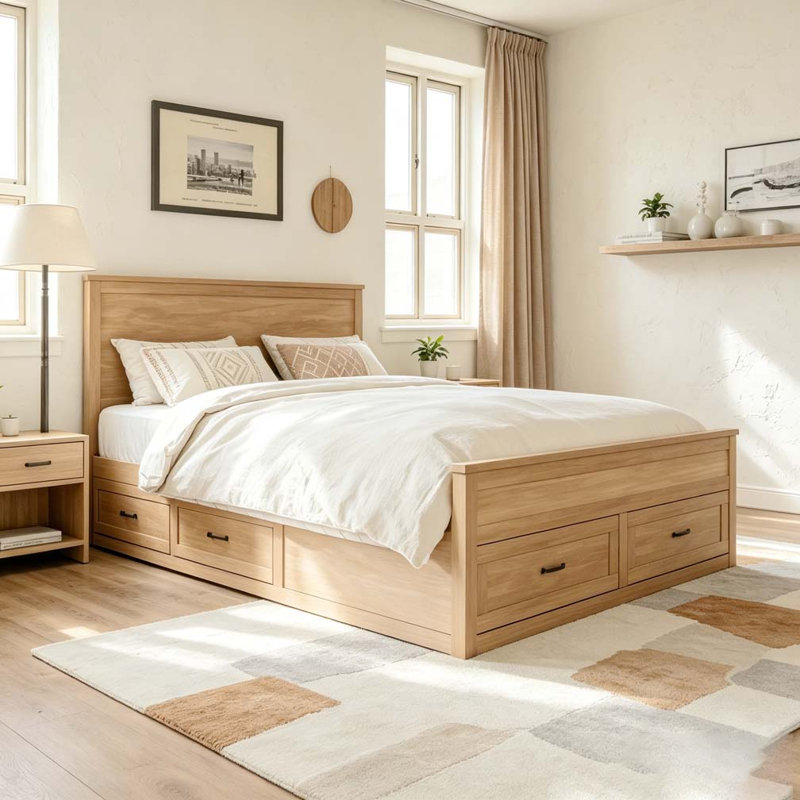 Base de lit en bois avec rangement à 6 tiroirs, lit plateforme avec support en lattes de bois, Dérive en mer