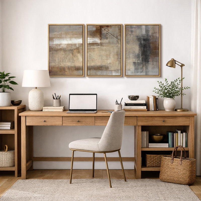 Grunge Abstract Paint Stroke Effect "Neutral Tan Brown Artwork, Rustic Living Room Wall Pictures, Large Framed Canvas Giclee Print 3 Pieces Wall Art Set" 16"x24"x3 pcs, 24"x36"x3 pcs