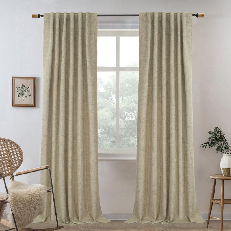 100% Blackout Linen Textured  Curtains Farmhouse Thermal Insulated Pocket Back Tab Full Light Blocking 2 Panel, 52" W x 96" L