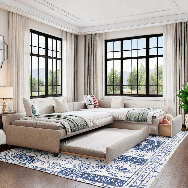 Multifunctional Upholstered Daybed With Trundle And One Drawer, Beige