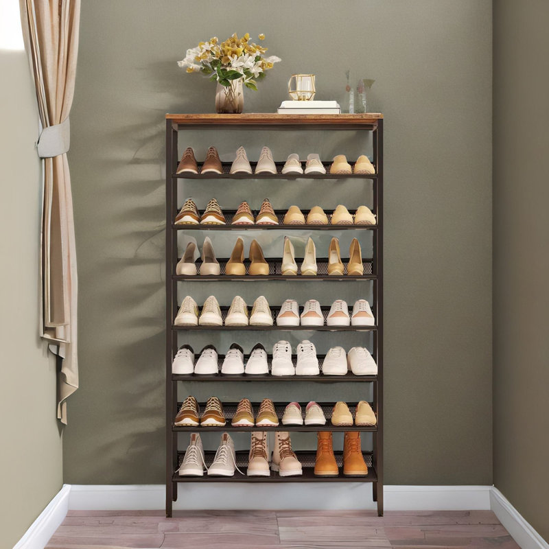 Shoe Rack 8 Tier Rustic Brown Industrial Hallway Furniture, 137'' H x 75'' W x 30'' D, Brown/Black