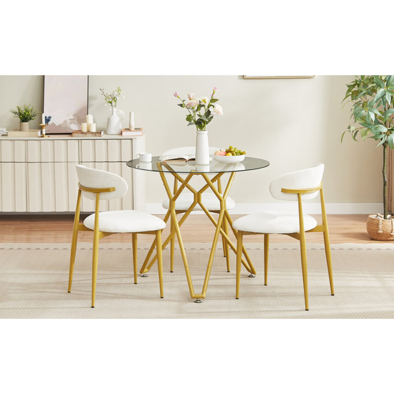 Ensemble de 2 chaises de salle à manger, chaises de cuisine modernes avec rembourrage doux, chaises de restaurant de ferme avec dossiers incurvés et pieds en métal, pour les salles à manger et les cuisines, blanc et or.