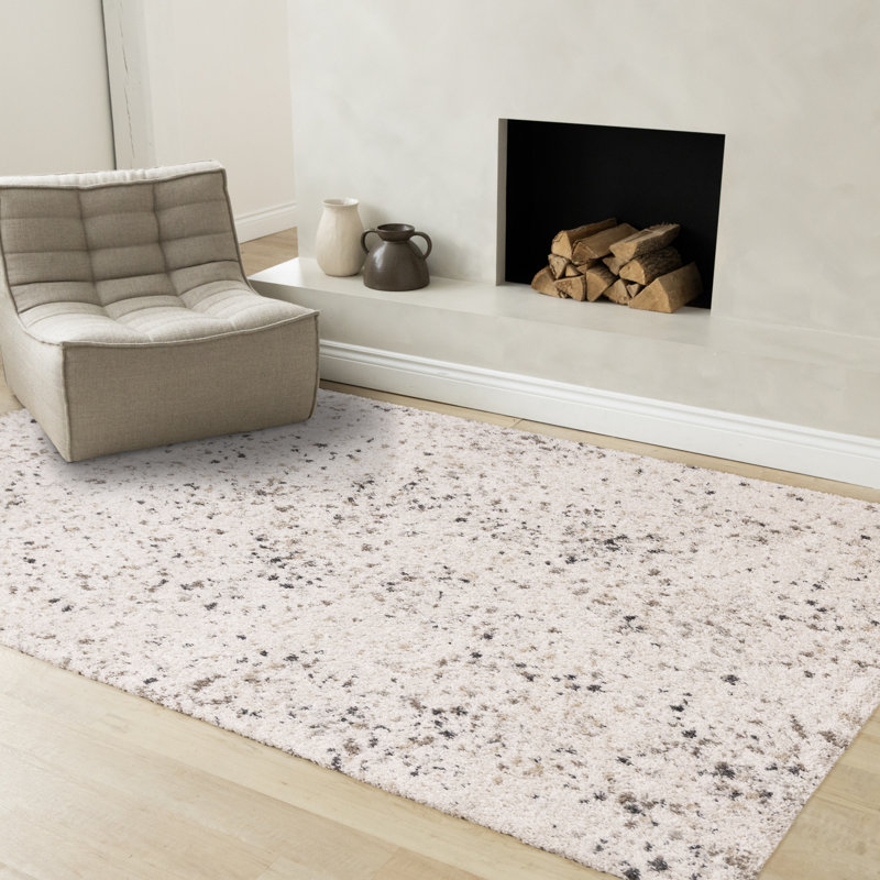Mona White Grey Tan Specked Neutral Shag Area Rug, Rectangle 5'3" x 7'7"