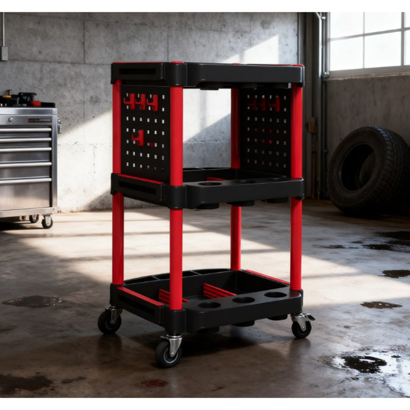 Capacité chariot en plastique, chariot à outils à 3 niveaux avec tablettes latérales pour le garage, Black/Red