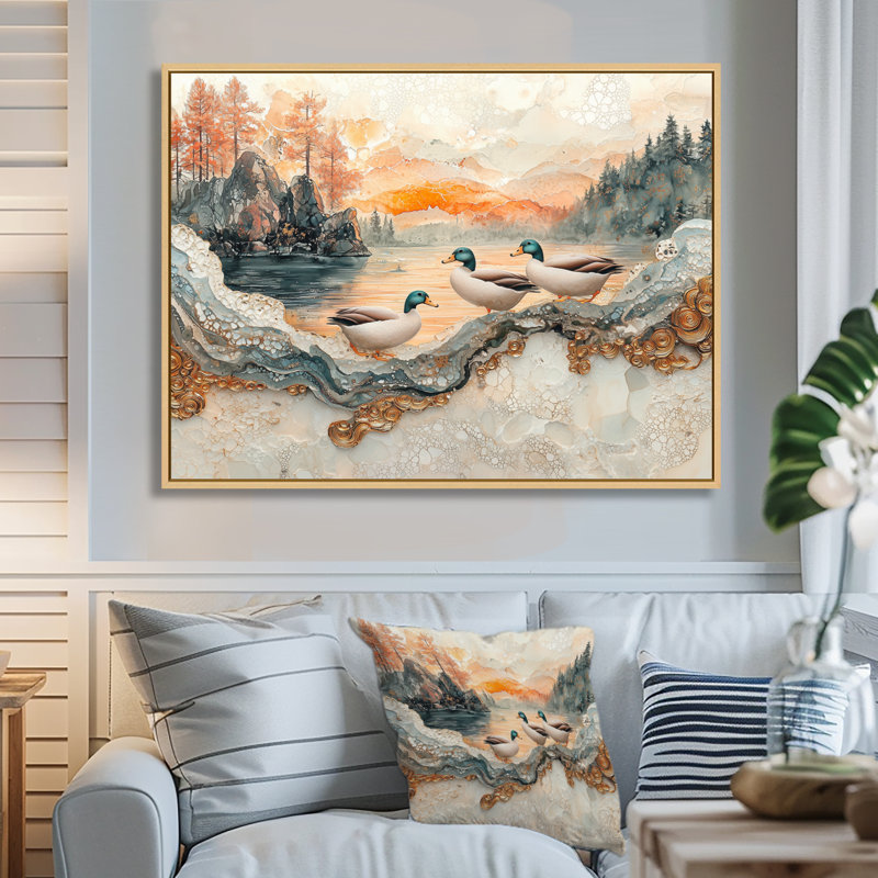 «Gollman Ducks Family At The Lake Landscape II - Duck Large», art mural, H 34 po x l 44 po, Cadre flottant, Brun