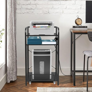 3-Tier Heavy Duty Printer And Shredder Stand With Pull-Out Shelf, Built-In Power Outlet & USB Ports, Reinforced Steel Frame For Office Equipment Storage