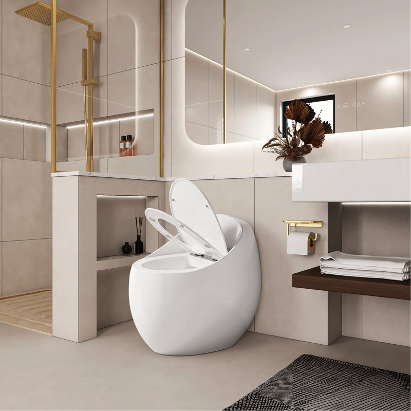 Modern Ceramic Toilet With Egg Shape - Glossy White, 1.28 Single Flush, Efficient Water Usage White Flush Shape, , Comfortable Seat