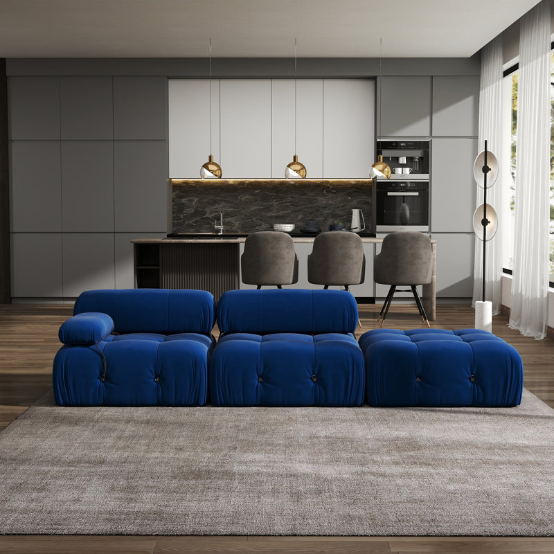 Cylar 3-Piece Upholstered Modern Velvet Modular Sofa With Ottoman, Blue