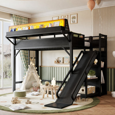 Lit mezzanine simple TG avec glissoire, tablettes de rangement et garde-robe intégrée, cadre de lit mezzanine en métal avec ports USB et lumières DEL, solide et sécuritaire pour les enfants adolescents, noir.